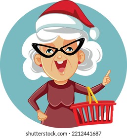 

Sra. Claus sosteniendo una ilustración de caricatura del vector de la cesta de compras
Mujer anciana en una fiesta de compras en la temporada de vacaciones
