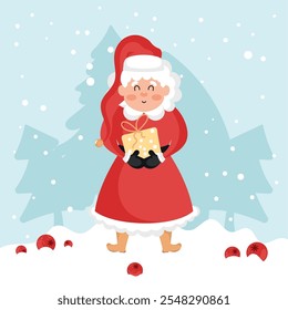 Mrs Claus holding yellow wrapped gift box, Vector