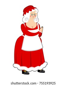 Mrs. Claus isolated. Wife of Santa Claus. Christmas woman in red dress and white apron. Xmas grandmother in Bonnet
