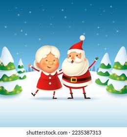 Mrs Claus and Santa Claus celebrate Christmas holidays - cute and happy vector illustration on winter landscape