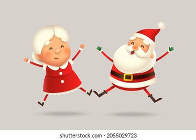 Mrs Claus and Santa Claus jumping - happy expression - cute vector illustration isolated