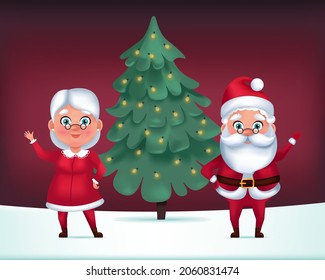 La Sra. Claus y Santa Claus cerca del árbol de Navidad. Ilustración aislada de vector circular