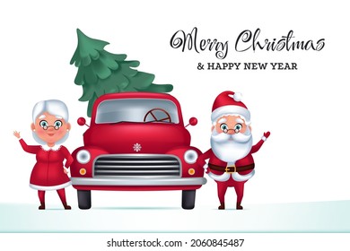 La Sra. Claus y Santa Claus cerca del retro coche de camioneta roja con árbol de Navidad. Ilustración aislada de vector circular