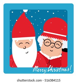 Mrs. Claus and Santa Claus selfie illustration. Flat Santa icon and Merry Christmas lettering phrase. Christmas selfie of Santa Claus.