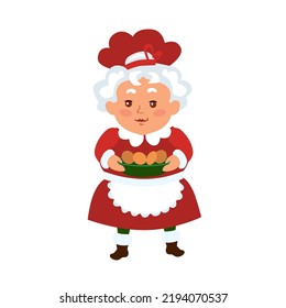 Sra. Claus. La esposa de Santa con rojos vestidos de vacaciones con un plato de pan de jengibre. Clipart para tarjetas, invitaciones. Ilustración plana vectorial, estilo de dibujos animados.