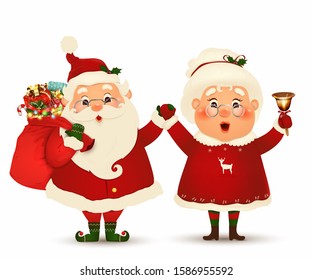 Mrs. Claus Together. Vector cartoon character of Happy Santa Claus and his wife isolated. Christmas family celebrate winter holidays. Cute, funny Santa Claus with Mrs. Claus waving hands and greeting.