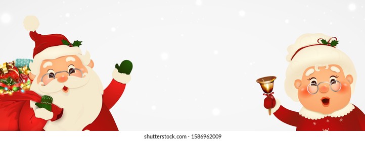 Mrs. Claus Together. Vector cartoon character of Happy Santa Claus and his wife with signboard, advertisement banner. Cute Santa Claus and Mrs. Claus with white copy space, falling snow. 