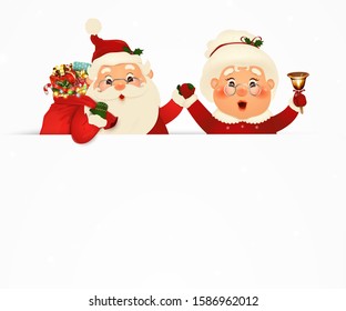 Mrs. Claus Together. Vector cartoon character of Happy Santa Claus and his wife with signboard, advertisement banner. Cute Santa Claus and Mrs. Claus with white copy space, falling snow. 