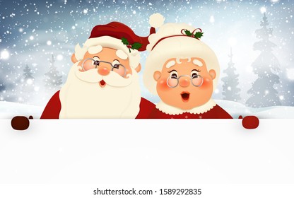 Mrs. Claus Together. Vector cartoon character of Happy Santa Claus and his wife with signboard, advertisement banner. Cute Santa Claus and Mrs. Claus with white copy space, falling snow. 