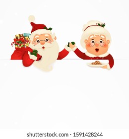 Mrs. Claus Together. Vector cartoon character of Happy Santa Claus and his wife with signboard, advertisement banner. Cute Santa Claus and Mrs. Claus with  cookies and white copy space.