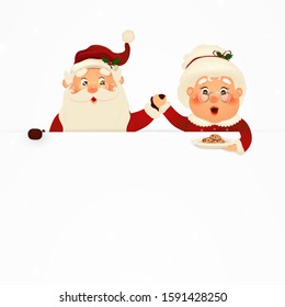 Mrs. Claus Together. Vector cartoon character of Happy Santa Claus and his wife with signboard, advertisement banner. Cute Santa Claus and Mrs. Claus with  cookies and white copy space.