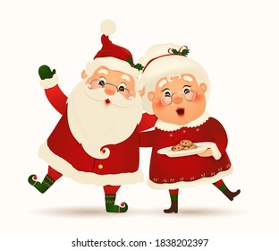 Mrs. Claus Together. Vector cartoon character of Happy Santa Claus and his wife isolated. Christmas family celebrate winter holidays. Cute, funny Santa Claus with Mrs. Claus waving hands and greeting.