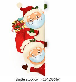 Sra. Claus Juntos. Personaje vectorial de Feliz Papá Noel y su esposa con máscara médica, carteles, pancarta publicitaria. Aplaude a Santa Claus y a la Sra. Claus con galletas y espacio de copias en blanco.