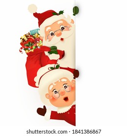 Mrs. Claus Together. Vector cartoon character of Happy Santa Claus and his wife with signboard, advertisement banner. Cute Santa Claus and Mrs. Claus with  cookies and white copy space.