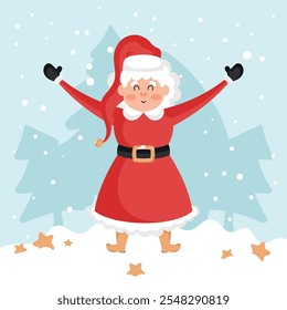 Mrs Claus waving in red Christmas dress, Vector