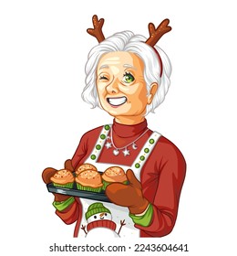 Mrs. Clause with sweets portrait, vector hand drawn illustration 