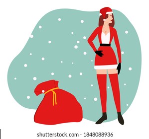 Mrs clause or a woman using Santa costume for a girl and the gift on a Christmas event celebration