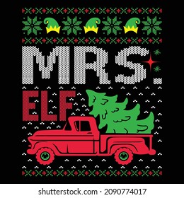 Mrs. Elf - Christmas sweater and t-shirt design, vector file