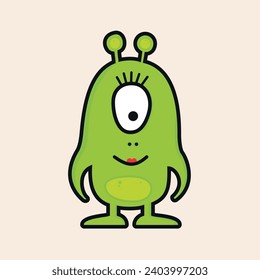 Mrs Green Monster with one eye, big belly, painted lips and smile vector line art