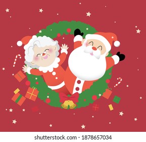 Sra. y Sr. Claus, Santa Claus y Madre Navidad en una corona navideña, fondo de regalos, ilustración vectorial de tarjetas de Navidad