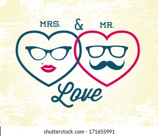 Mrs. and Mr. Love Vector Illustration in Vintage Style. Valentine's Day Background Template