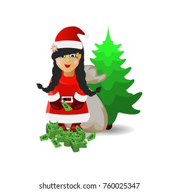 Mrs. Santa Claus with a bag of money. illustration for your design. vector on white isolated background