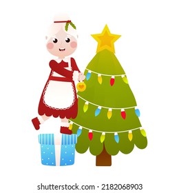 Mrs Santa Claus character decorating christmas tree and gift boxes in cartoon style on white background, clip art for poster design or greetings cards, invitations