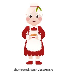 Mrs Santa Claus character holding christmas cookies in cartoon style on white background, art for poster design or greetings cards, invitations