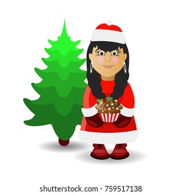 Mrs. Santa Claus and the Christmas tree. illustration for your design. vector on white isolated background