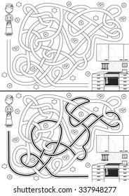 Mrs. Santa Claus maze with a solution in black and white