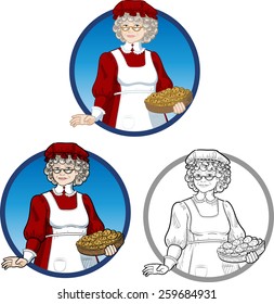 Mrs Santa Claus Mother Christmas with homemade cookies character illustration set cartoon style colored and lineart