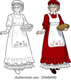 Mrs Santa Claus Mother Christmas with homemade cookies character illustration full figure colored and lineart