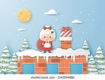 Mrs. Santa Claus on roof with boxes gift, Merry christmas and happy new year,paper cut and craft style