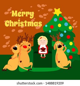 Mrs. Santa Claus is reading a book, Reindeer in a house. Mother Christmas is sitting on a chair near a decorated Christmas tree. Cartoon vector characters of the winter holidays for cute cards.