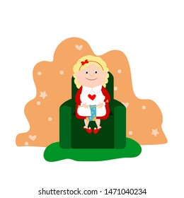 Mrs. Santa Claus is sitting on an armchair and knitting a sock. Christmas and New Year vector illustration of a winter holiday character. Design for greeting cards, images.