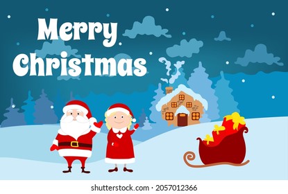 Mrs. Santa and Santa Claus stand in front of their house and a fairy-tale winter landscape, waving. Greeting card and text Merry Christmas. 