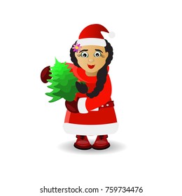 Mrs. Santa Claus with a tree in her hands. illustration for your design. vector on white isolated background