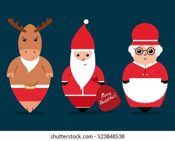 Mrs. Santa, deer and Santa Claus with gift bag collection. Flat Christmas cartoon character design. 