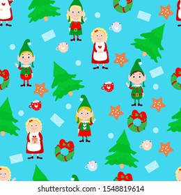 Mrs. Santa, elves, Christmas trees, gingerbread cookies and letters on a blue background. Vector seamless pattern in cartoon style. Symbols of Christmas and New Year.