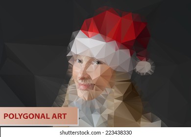  Mrs. Santa. Girl in Santa hat.Abstract polygonal face. Triangles portrait for your design.