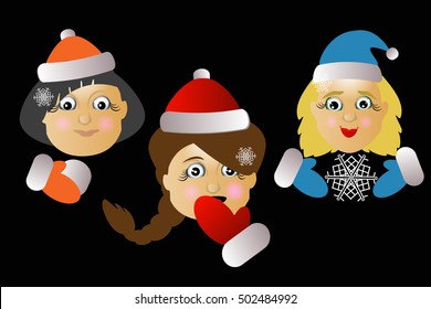 Mrs. Santa Klaus cheerful vector three together on a black background