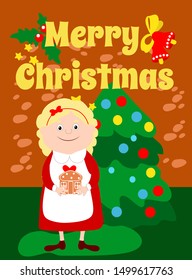 Mrs. Santa stands in front of a decorated spruce tree and holds a gingerbread in her hands. Vector illustration in cartoon style. Merry Christmas text for greeting card.