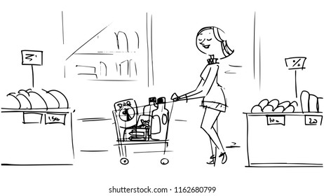 Mrs. in the store with a cart full of products