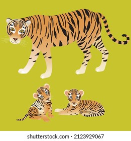 Mrs. Tiger. Mother with her kittens. Vector image. Isolated.