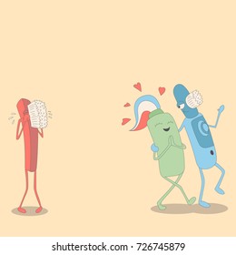 Mrs. toothpaste walks with an electric toothbrush. a ordinary toothbrush is upset and crying
