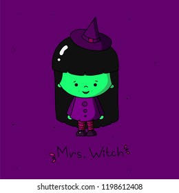 Mrs. Witch doolde character vector illustration in purple background