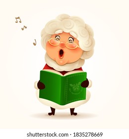 Mrs.Claus singing Christmas carol. Isolated.