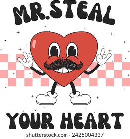 "Mr.Steal" a heart cartoon character with a mustache, is raising his hand while expressing love.