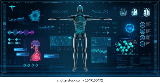 MRT and body scan in HUD style design, Human body, organs and brain scan with pictures. X-ray hi-tech healthcare. Virtual graphic touch HUD UI, cardiogram and data chart. Medical vector illustration