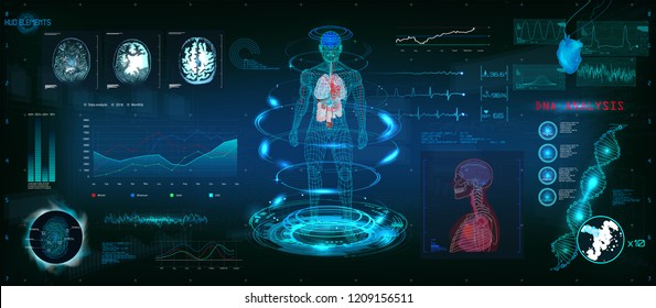 MRT futuristic scanning in HUD style design, Human body, organs and brain scan with pictures. Hi-tech elements. Virtual graphic touch HUD UI with illustration of DNA formula, cardiogram and data chart